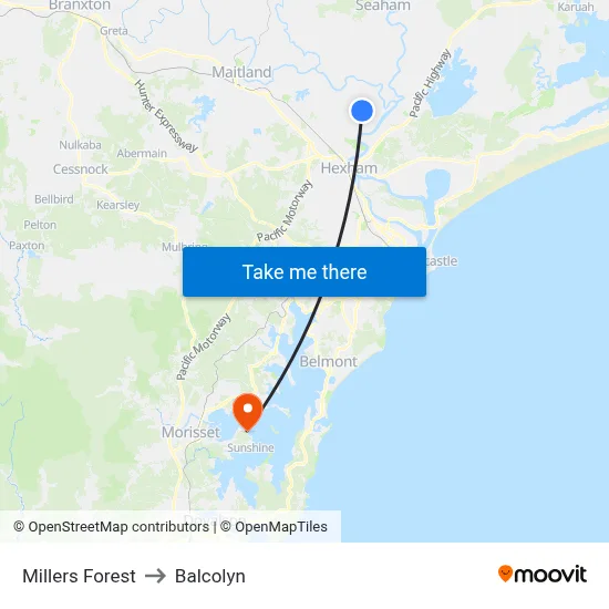 Millers Forest to Balcolyn map