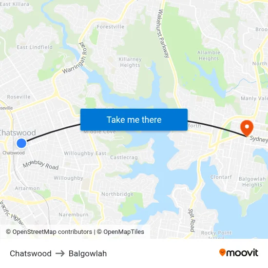 Chatswood to Balgowlah map