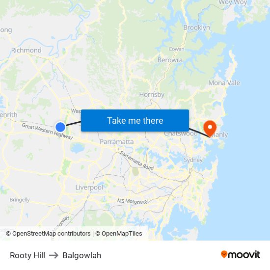 Rooty Hill to Balgowlah map