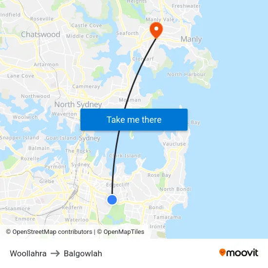 Woollahra to Balgowlah map