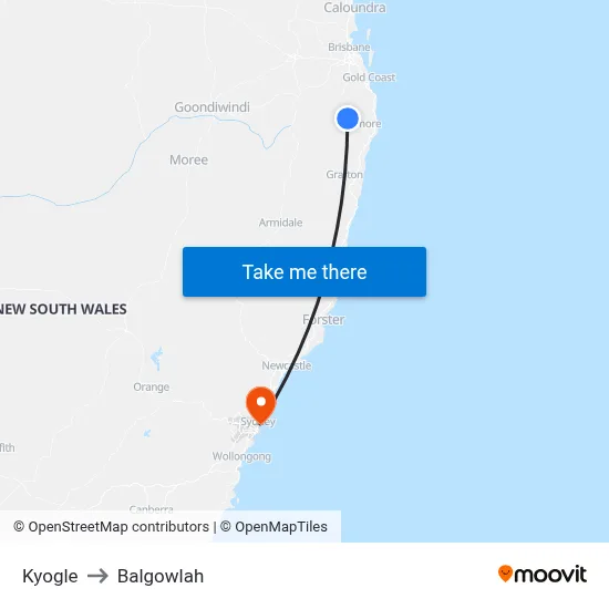 Kyogle to Balgowlah map