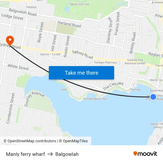 Manly ferry wharf to Balgowlah map