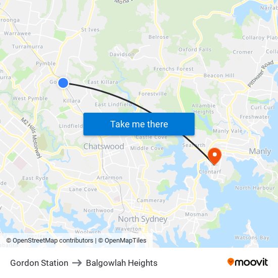 Gordon Station to Balgowlah Heights map