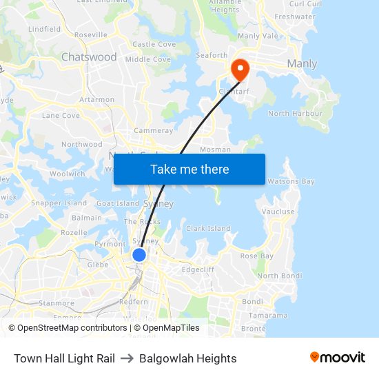 Town Hall Light Rail to Balgowlah Heights map