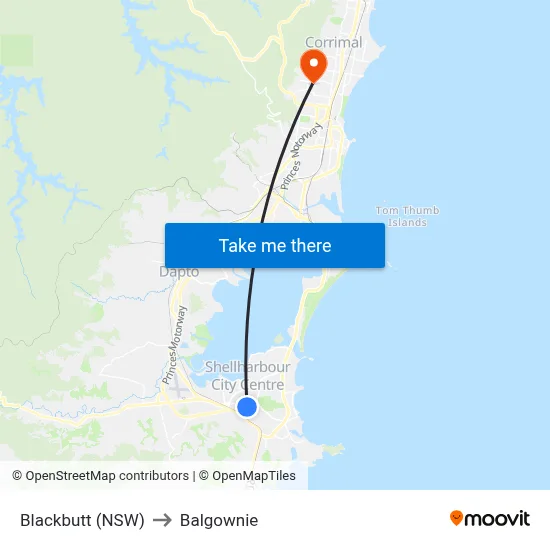 Blackbutt (NSW) to Balgownie map