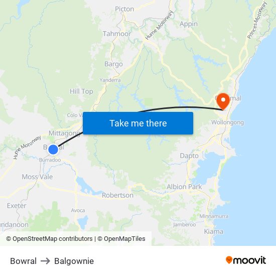 Bowral to Balgownie map