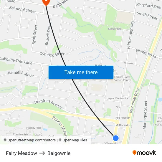 Fairy Meadow to Balgownie map