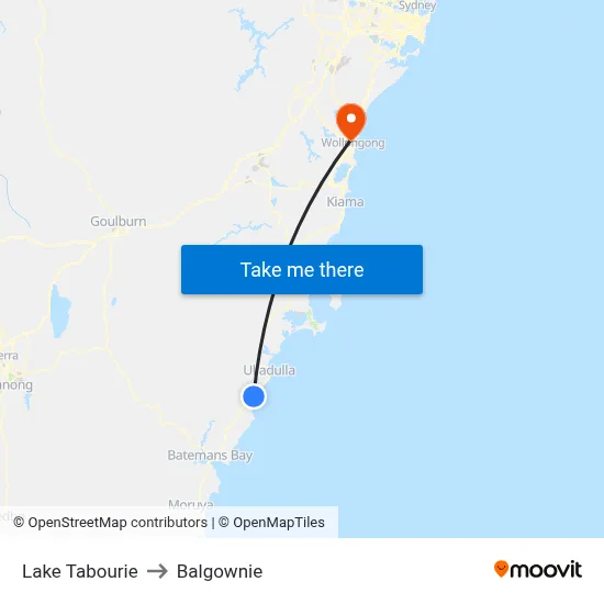 Lake Tabourie to Balgownie map