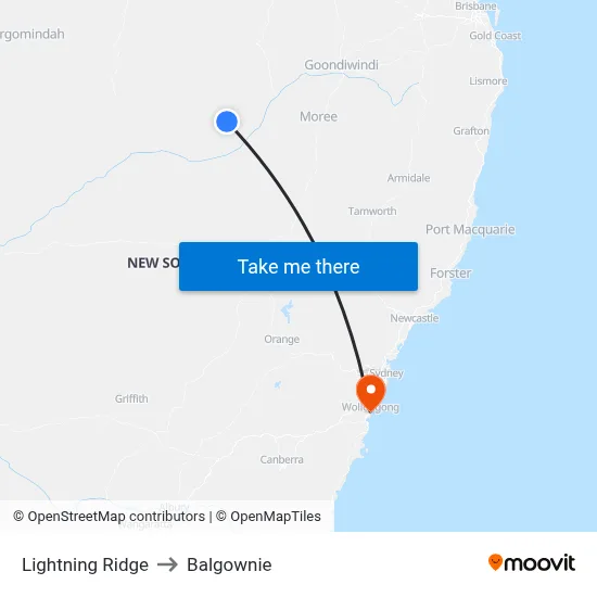 Lightning Ridge to Balgownie map