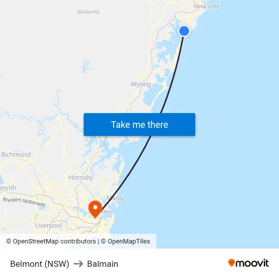 Belmont (NSW) to Balmain map