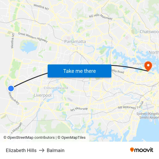 Elizabeth Hills to Balmain map