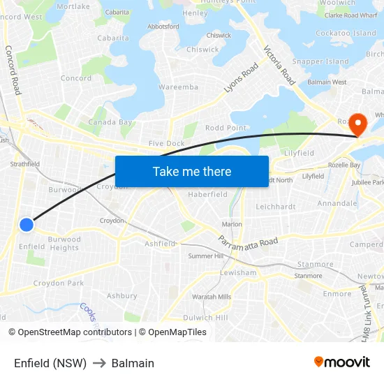 Enfield (NSW) to Balmain map