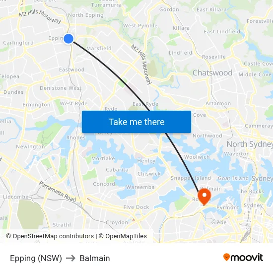 Epping (NSW) to Balmain map
