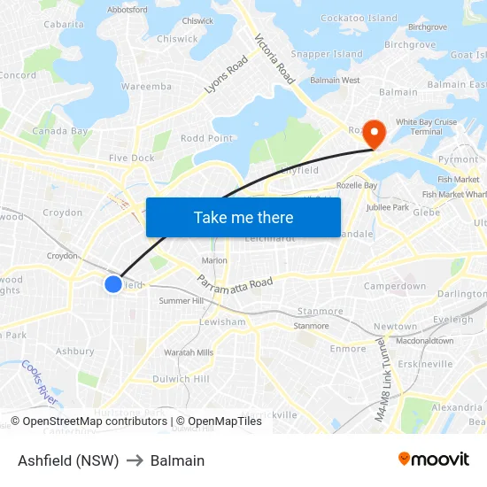Ashfield (NSW) to Balmain map