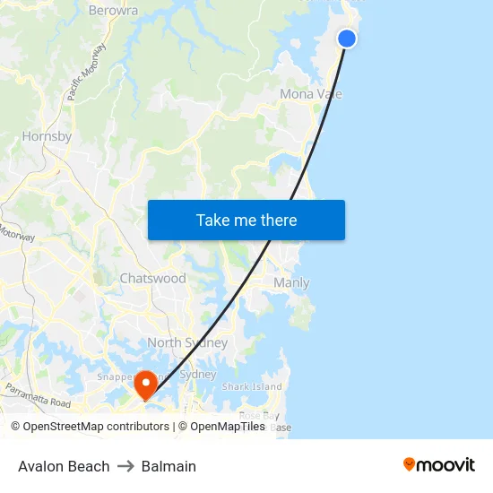 Avalon Beach to Balmain map