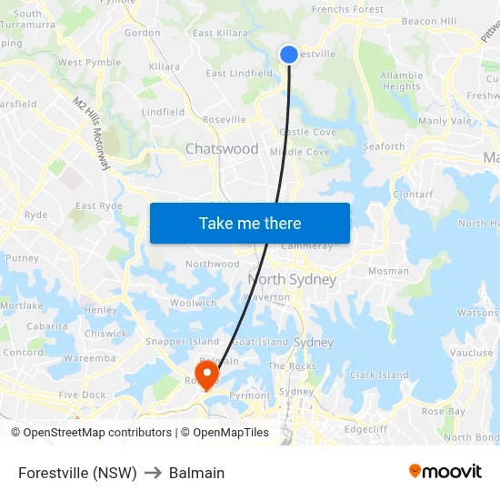 Forestville (NSW) to Balmain map