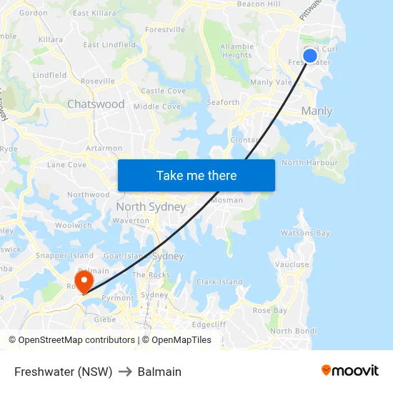 Freshwater (NSW) to Balmain map