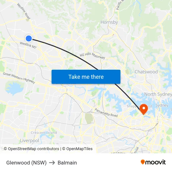 Glenwood (NSW) to Balmain map