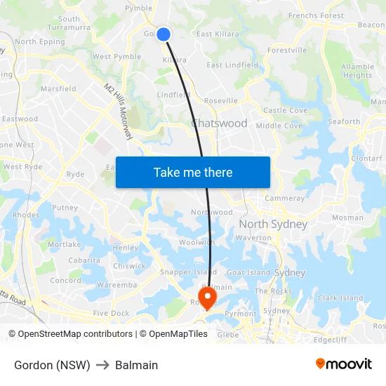 Gordon (NSW) to Balmain map