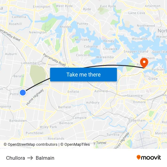 Chullora to Balmain map