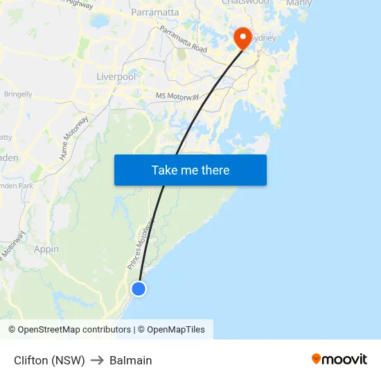 Clifton (NSW) to Balmain map