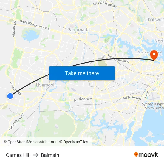 Carnes Hill to Balmain map