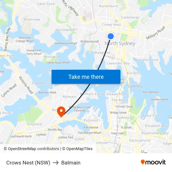Crows Nest (NSW) to Balmain map