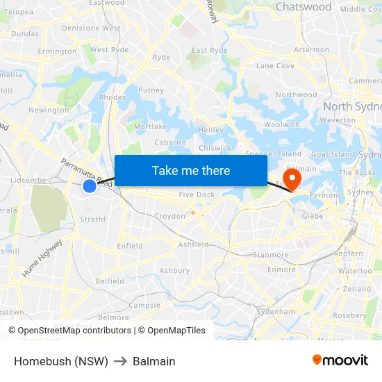 Homebush (NSW) to Balmain map