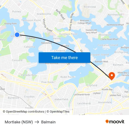 Mortlake (NSW) to Balmain map