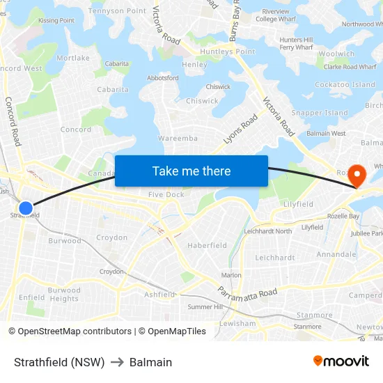 Strathfield (NSW) to Balmain map