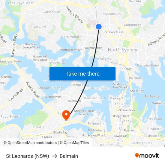 St Leonards (NSW) to Balmain map