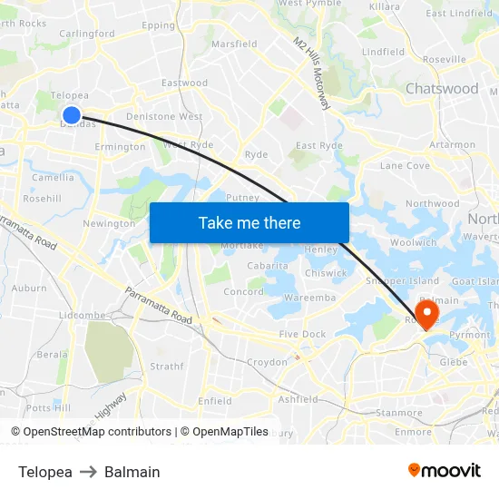 Telopea to Balmain map