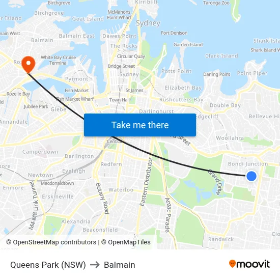 Queens Park (NSW) to Balmain map