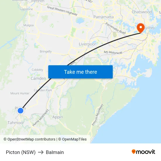 Picton (NSW) to Balmain map