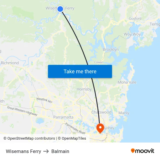 Wisemans Ferry to Balmain map