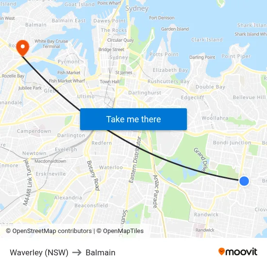 Waverley (NSW) to Balmain map