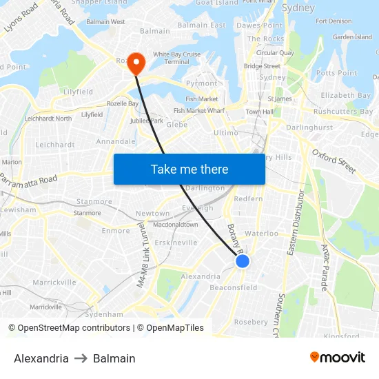 Alexandria to Balmain map