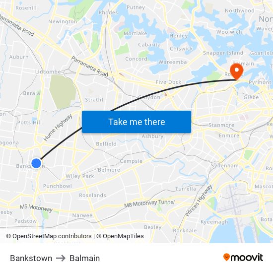 Bankstown to Balmain map