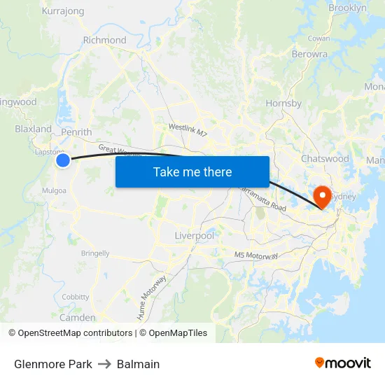 Glenmore Park to Balmain map