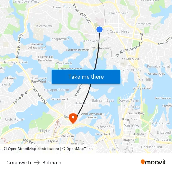 Greenwich to Balmain map