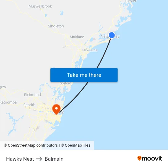 Hawks Nest to Balmain map