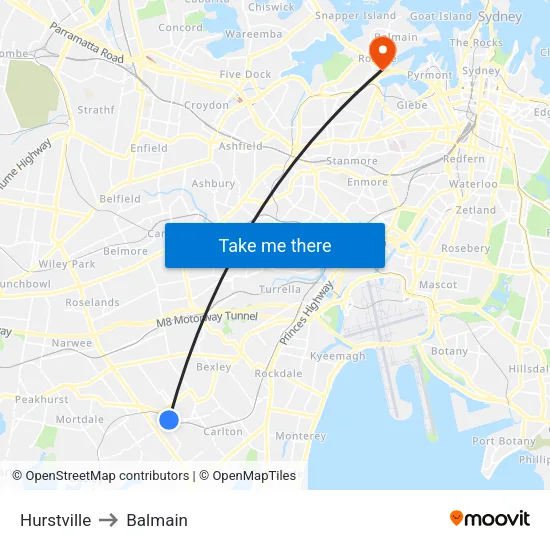 Hurstville to Balmain map