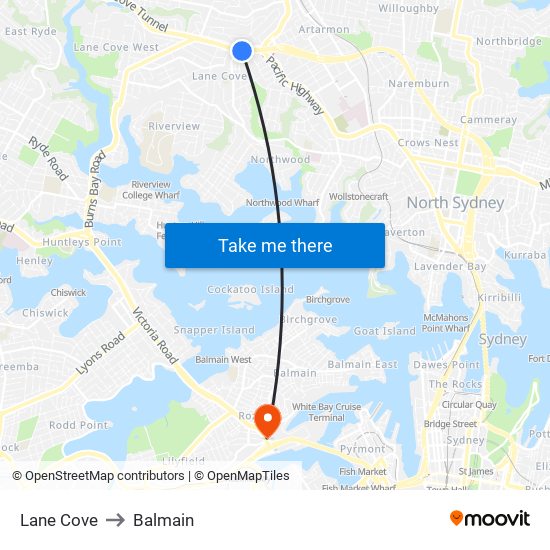 Lane Cove to Balmain map