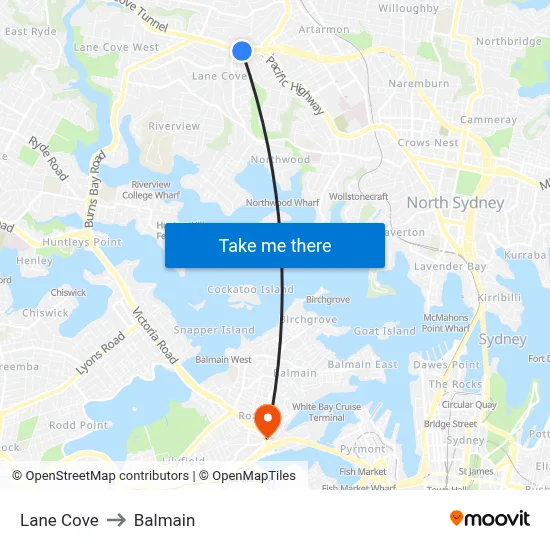 Lane Cove to Balmain map