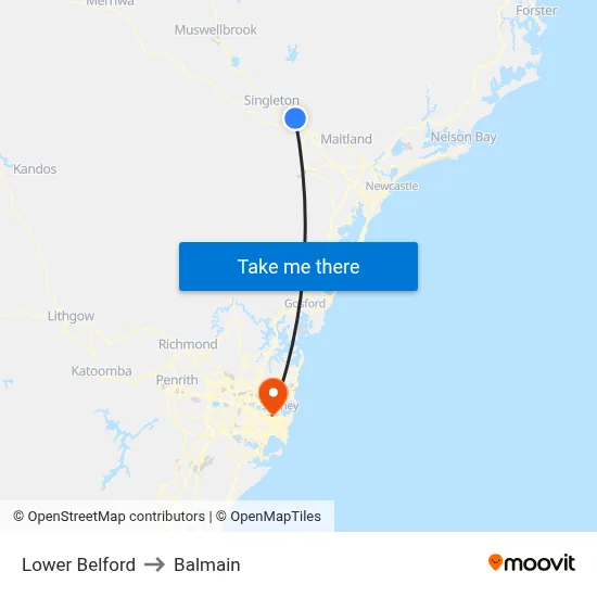 Lower Belford to Balmain map