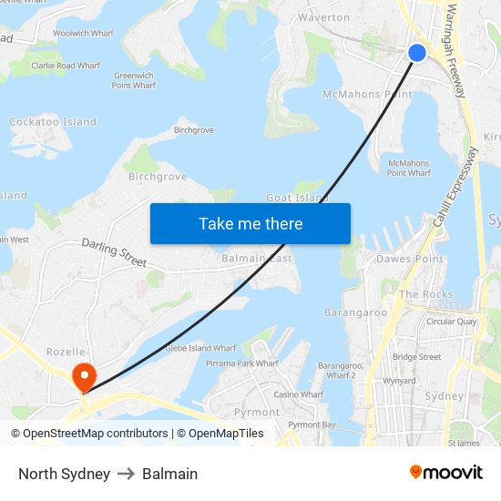 North Sydney to Balmain map
