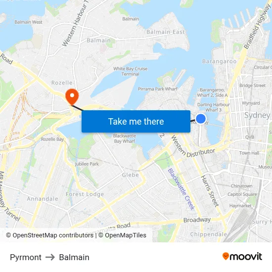 Pyrmont to Balmain map