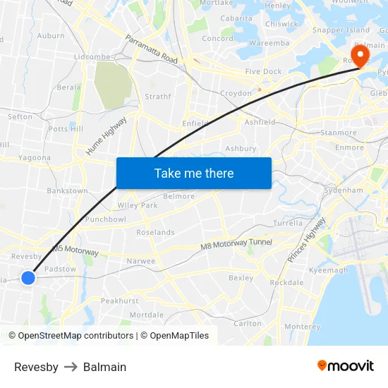 Revesby to Balmain map