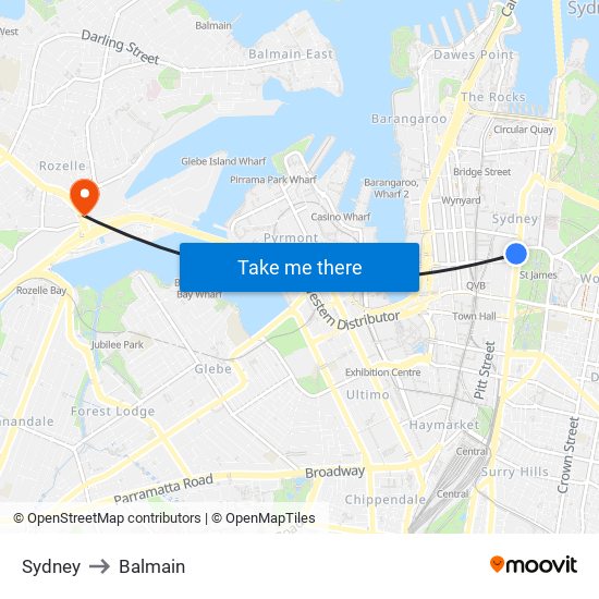 Sydney to Balmain map