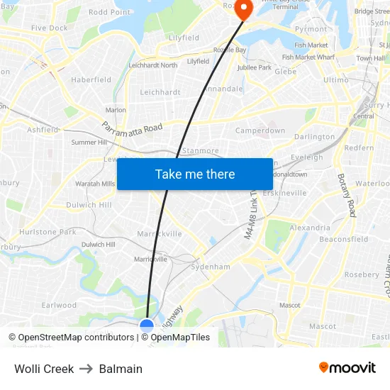 Wolli Creek to Balmain map
